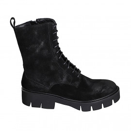 Bottines pour femmes avec lacets et fermeture éclair en daim graissé noir talon 4 - Pointures disponibles:  32, 33, 34, 35, 42, 43, 44, 45, 46, 47