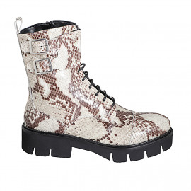 Woman's laced combat style ankle boot with zipper, captoe and buckles in black and white printed leather heel 4 - Available sizes:  32, 33, 34, 35, 42, 43, 44, 45, 47