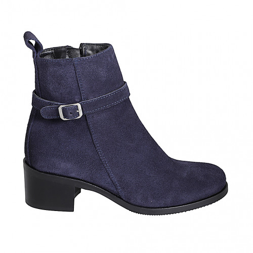 Woman's ankle boot with buckle and zipper in blue suede heel 5 - Available sizes:  32, 33, 35, 42, 44, 45