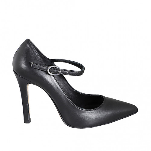 Pointed-toe Mary Jane pumps in black leather heel 10 - Available sizes:  31, 32, 33, 34, 35, 42, 43, 44, 45