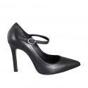Pointed-toe Mary Jane pumps in black leather heel 10 - Available sizes:  31, 32, 33, 34, 35, 42, 43, 44, 45
