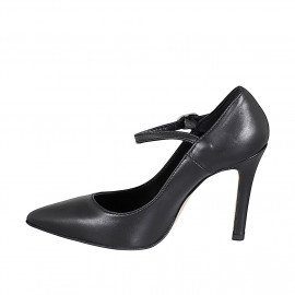 Pointed-toe Mary Jane pumps in black leather heel 10 - Available sizes:  31, 32, 33, 34, 35, 42, 43, 44, 45 2