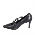 Pointed-toe Mary Jane pumps with three straps in black leather heel 7 - Available sizes:  31, 32, 33, 34, 35, 42, 45
