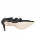Pointed-toe Mary Jane pumps with three straps in black leather heel 7 - Available sizes:  31, 32, 33, 34, 35, 42, 45