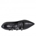 Pointed-toe Mary Jane pumps with three straps in black leather heel 7 - Available sizes:  31, 32, 33, 34, 35, 42, 45