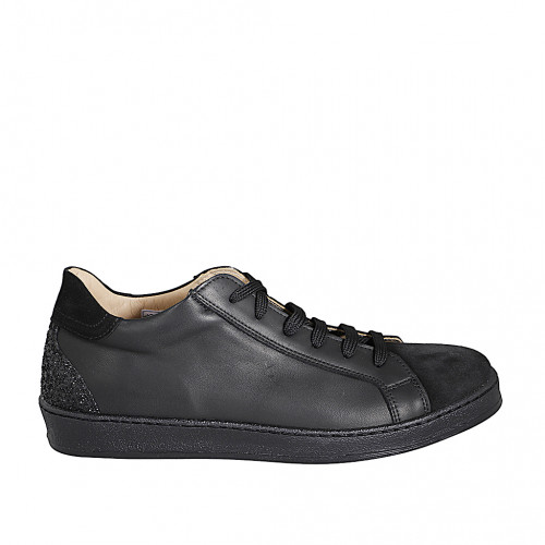 Woman's laced sneaker with removable insole and strap in black suede and leather wedge 3 - Available sizes:  42, 43, 44, 45, 46
