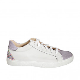 Sneaker à lacets avec semelle intérieure amovible en suède glycine et cuir ivoire avec paillettes multicolores talon compensée 3 - Pointures disponibles:  42, 43, 44, 45, 46