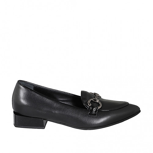 Mocasin à bout pointu pour femmes avec accessoire en cuir et cuir verni noir talon 3 - Pointures disponibles:  32, 34, 35, 42, 43, 44, 45