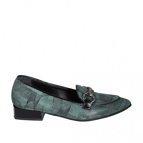 Mocassino a punta da donna con accessorio in camoscio verde e vernice nera tacco 3 - Misure disponibili: 32, 33, 34, 35, 42, 43, 44, 45, 46