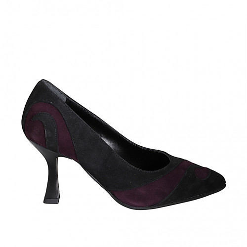 Escarpin à bout pointu pour femmes en daim noir et bordeaux talon bobine 8 - Pointures disponibles:  32, 33, 34, 35, 42, 43, 44, 45