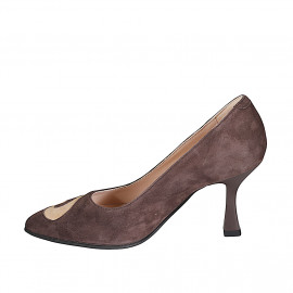 Woman's pointy pump in brown and sand beige suede spool heel 8 - Available sizes:  32, 33, 34, 35, 42, 43, 44, 45 2