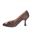 Woman's pointy pump in brown and sand beige suede spool heel 8 - Available sizes:  32, 33, 34, 35, 42, 43, 44, 45