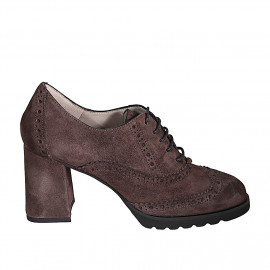 Zapato Oxford para mujer con cordones y punta de ala en gamuza marron tacon 7 - Tallas disponibles:  32, 33, 34, 35, 42, 43, 44, 45, 46