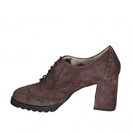 Zapato Oxford para mujer con cordones y punta de ala en gamuza marron tacon 7 - Tallas disponibles:  32, 33, 34, 35, 42, 43, 44, 45, 46 2