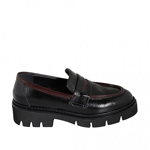 Mocassin pour femmes en cuir verni noir et bordeaux talon 4 - Pointures disponibles:  32, 33, 34, 35, 42, 43, 44, 45, 46