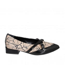Mocassin pour femmes à bout pointu avec courroies en daim imprimé beige sable et cuir verni noir talon 3 - Pointures disponibles:  32, 33, 34, 35, 42, 43, 44, 46