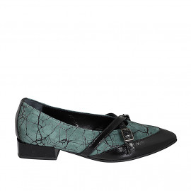 Mocassin pour femmes à bout pointu avec courroies en daim imprimé vert et cuir verni noir talon 3 - Pointures disponibles:  32, 33, 34, 35, 42, 43, 45, 46