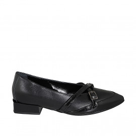 Mocassin pour femmes à bout pointu avec courroies en cuir et cuir verni noir talon 3 - Pointures disponibles:  32, 33, 34, 35, 42, 43, 44, 45, 46