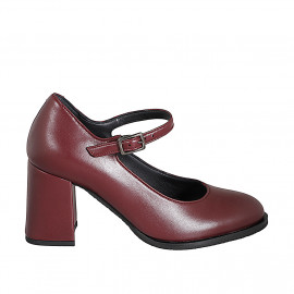 Zapatos de salón Mary Jane en piel granate con punta redonda tacon 7 - Tallas disponibles:  32, 33, 34, 35, 42, 43, 44, 45