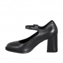 Round-toe Mary Jane pumps in black leather heel 7 - Available sizes:  32, 33, 42, 43, 44, 45, 46