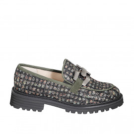 Mocassino da donna con accessorio metallico in tessuto bouclé multicolor e camoscio verde tacco 3 - Misure disponibili: 32, 33, 34, 35, 42, 43, 44, 45, 46