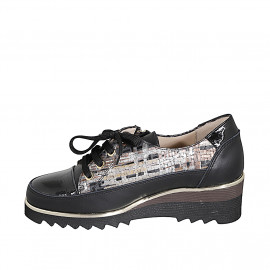 Zapato con cordones y cremallera para mujer en piel y charol negro con estampa multicolor cuña 4 - Tallas disponibles:  32, 33, 34, 35 2