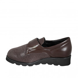 Woman's highfronted shoe with velcro and removable insole in leather and printed stretch dark brown leather wedge 3 - Available sizes:  32, 33, 34, 35, 42, 43, 44, 45, 46 2