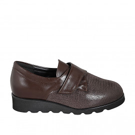 Woman's highfronted shoe with velcro and removable insole in leather and printed stretch dark brown leather wedge 3 - Available sizes:  32, 33, 34, 35, 42, 43, 44, 45, 46