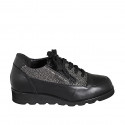 Women's lace-up sneaker with zipper and removable insole in black leather and printed stretch platinum leather wedge 3 - Available sizes:  33, 34, 35, 42, 43, 44, 45, 46