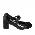 Mary Jane para mujer con correas y plantilla extraíble en charol negro y puntera de gamuza negra tacón 5 - Tallas disponibles:  32, 33, 34, 35, 42, 43, 44, 45