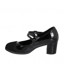 Mary Jane da donna con cinturini e plantare estraibile in vernice nera e puntale in camoscio nero tacco 5 - Misure disponibili: 32, 33, 34, 35, 42, 43, 44, 45 2