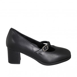 Woman's Mary Jane with T-strap and removable insole in black leather heel 5 - Available sizes:  32, 33, 34, 35, 42, 43, 44, 45, 46