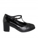 Zapato para mujer con plantilla extraible y cinturon en T en charol y piel negra tacon 5 - Tallas disponibles:  32, 33, 34, 35, 42, 43, 44, 45