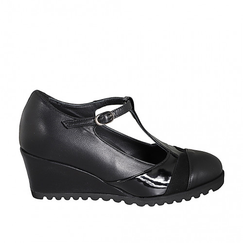 Decolté da donna con plantare estraibile e cinturino Charleston in vernice e pelle nera zeppa 6 - Misure disponibili: 33, 34