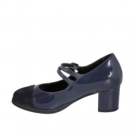Mary Jane para mujer con cinturones, plantilla extraíble y puntera en charol y gamuza blu cuña - Tallas disponibles:  32, 33, 34, 35, 42, 43, 44, 45 2