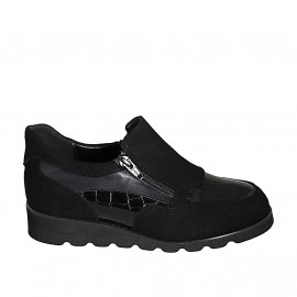 Woman's sneaker with zippers and removable insole in black suede and printed patent leather wedge heel 3 - Available sizes:  33, 34, 35, 42, 43, 44, 45, 46