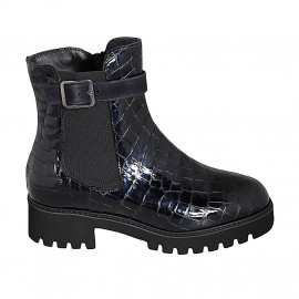Botines para mujer con plantilla extraible, hebilla, elastico y cremallera en charol laminada azul tacon 4 - Tallas disponibles:  31, 32, 33, 34, 35, 42, 43, 44, 45, 46