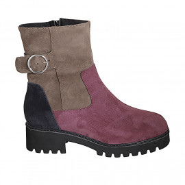 Woman's ankle boot with removable insole, zipper and buckle in brown, maroon and blue suede heel 4 - Available sizes:  31, 32, 33, 34, 35, 42, 43, 44, 45