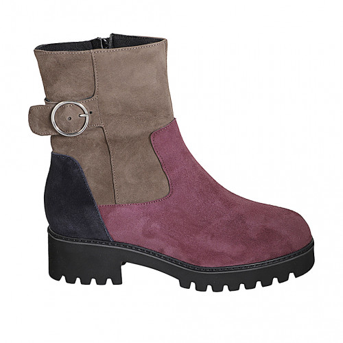 Stivaletto da donna con plantare estraibile, cerniera e fibbia in camoscio marrone, bordeaux e blu tacco 4 - Misure disponibili: 31, 32, 33, 34, 35, 42, 43, 44, 45