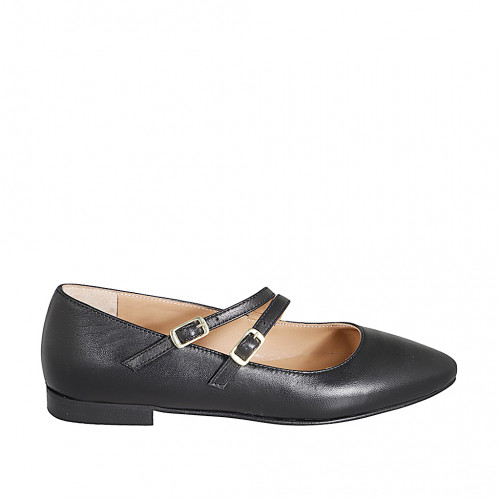 Mary Jane puntiaguda para mujer con dos cinturones en piel negra tacon 2 - Tallas disponibles:  33, 34, 35, 42, 43, 44, 46