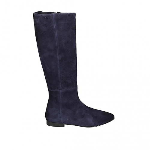 Bota puntiaguda para mujer con cremallera y elastico en gamuza azul tacon 2 - Tallas disponibles:  33, 34, 35, 42, 43, 44, 45, 46