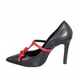 Woman's pump with bow strap in black and red leather heel 10 - Available sizes:  31, 32, 33, 34, 35, 42, 45 2