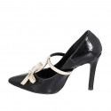 Decolté da donna con cinturino e fiocco in vernice nera e pelle beige tacco 10 - Misure disponibili: 31, 32, 33, 34, 35, 42, 43, 44, 45