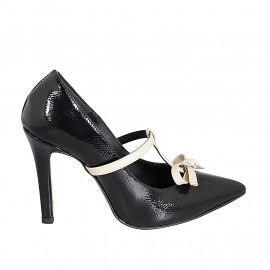 Woman's pump with bow strap in black patent leather and beige leather heel 10 - Available sizes:  31, 32, 33, 34, 35, 42, 43, 44, 45