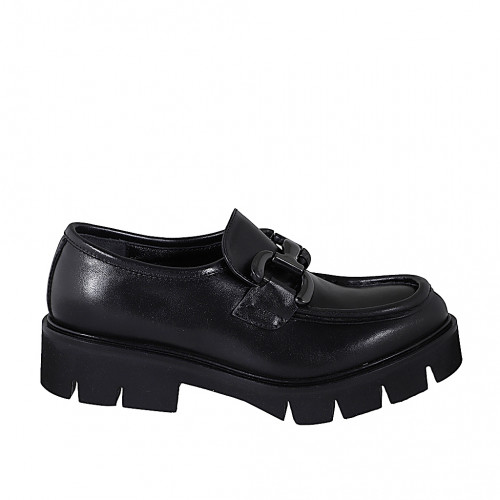Woman's loafer with elastic and accessory in black leather heel 4 - Available sizes:  32, 33, 34, 35, 42, 43, 44, 45, 46, 47