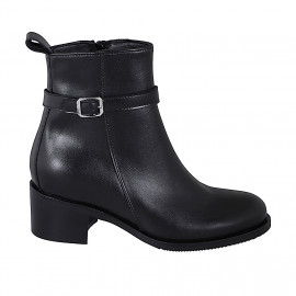 Stivaletto da donna con cerniera, fibbia e punta tonda in pelle nera tacco 5 - Misure disponibili: 32, 33, 34, 35, 42, 43, 44, 45, 46, 47