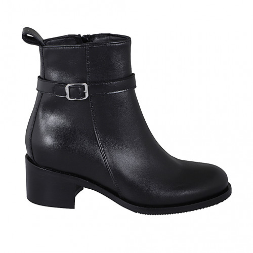 Bottines pour femmes en cuir noir avec fermeture éclair, boucle et bout rondu talon 5 - Pointures disponibles:  32, 33, 34, 35, 42, 43, 44, 45, 46, 47