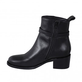 Stivaletto da donna con cerniera, fibbia e punta tonda in pelle nera tacco 5 - Misure disponibili: 32, 33, 34, 35, 42, 43, 44, 45, 46, 47 2