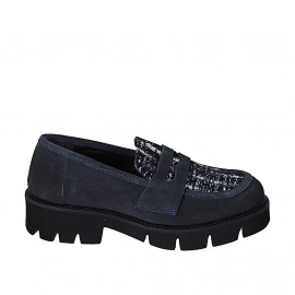 Mocassin college pour femme en daim bleu et tissu bleu et blanc avec talon 3 - Pointures disponibles:  32, 33, 34, 35, 42, 43, 44, 45, 46