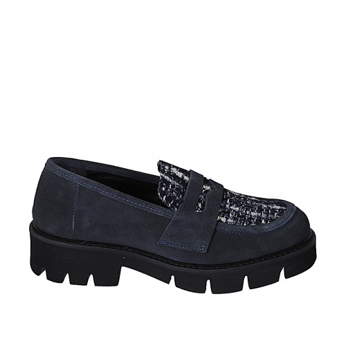 Mocasín estilo college para mujer en piel azul y tejido azul y blanco con tacón 3 - Tallas disponibles:  32, 33, 34, 35, 42, 43, 44, 45, 46